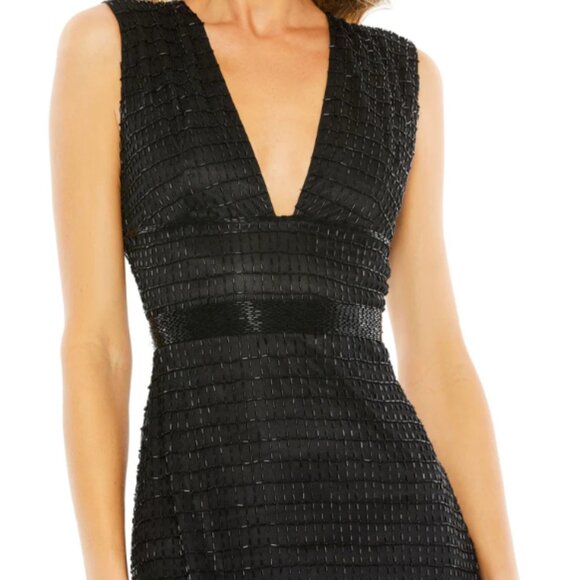 MAC DUGGAL 5625 BEADED CAP SLEEVE V-NECK BLACK COLUMN GOWN sz 4 - Picture 2 of 5